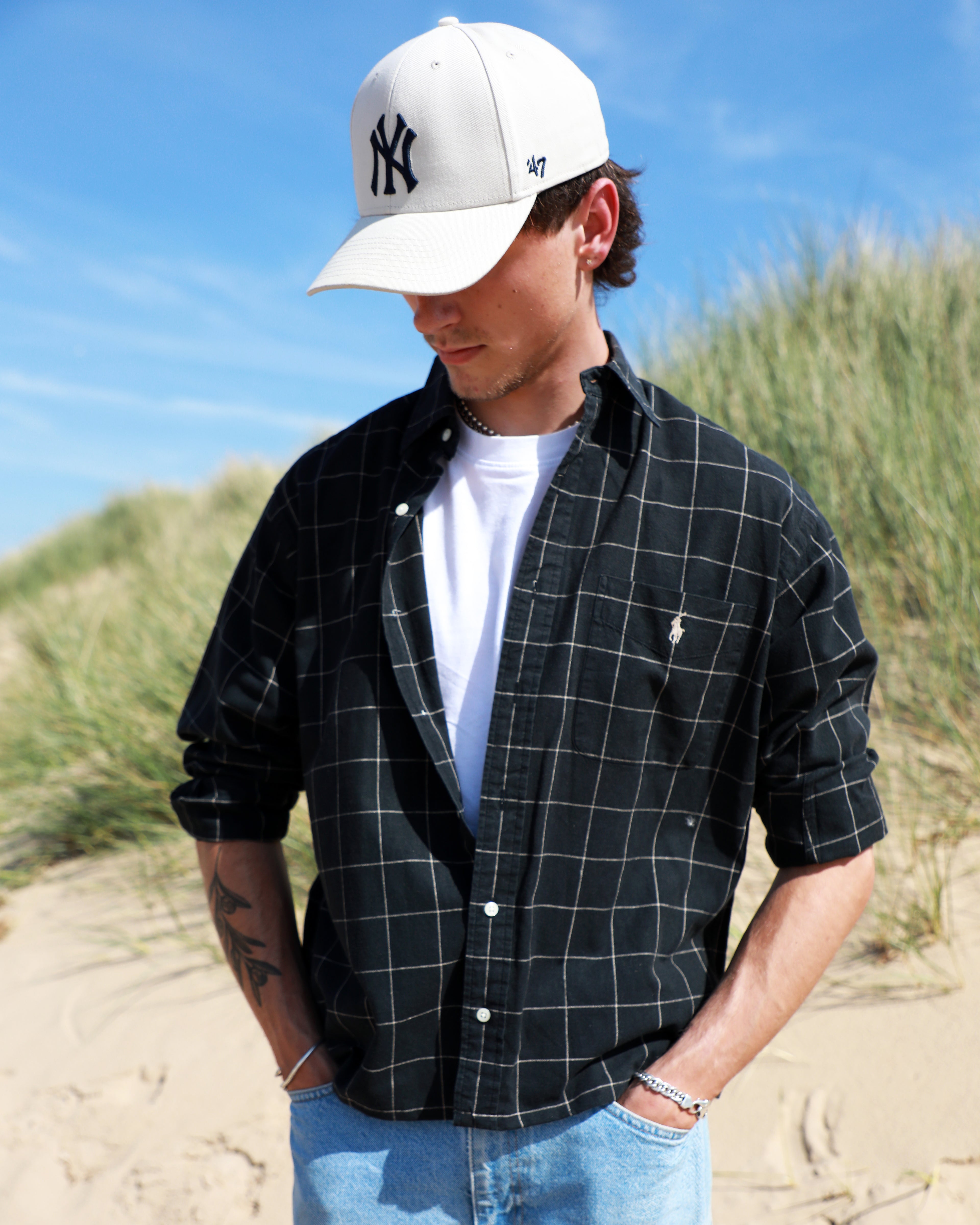 Cropped Polo Ralph Lauren black checked linen blend shirt