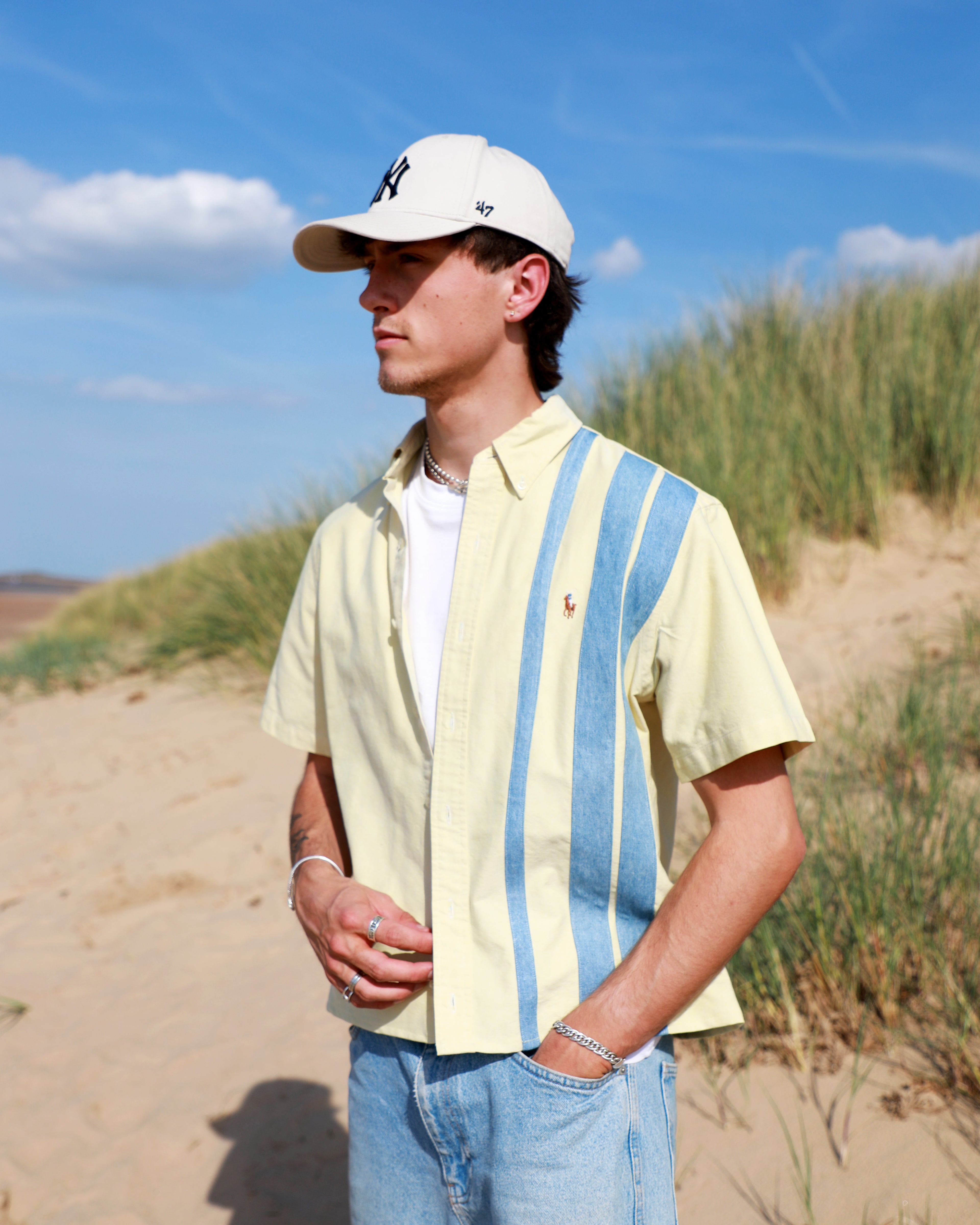 Cropped Ralph Lauren butter yellow an blue striped shirt