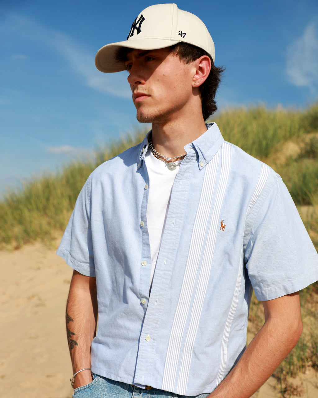 Cropped Ralph Lauren light blue striped short sleeve shirt