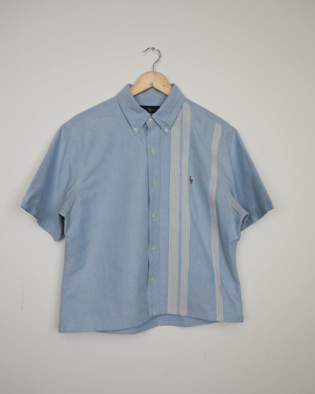 Cropped Ralph Lauren light blue striped short sleeve shirt