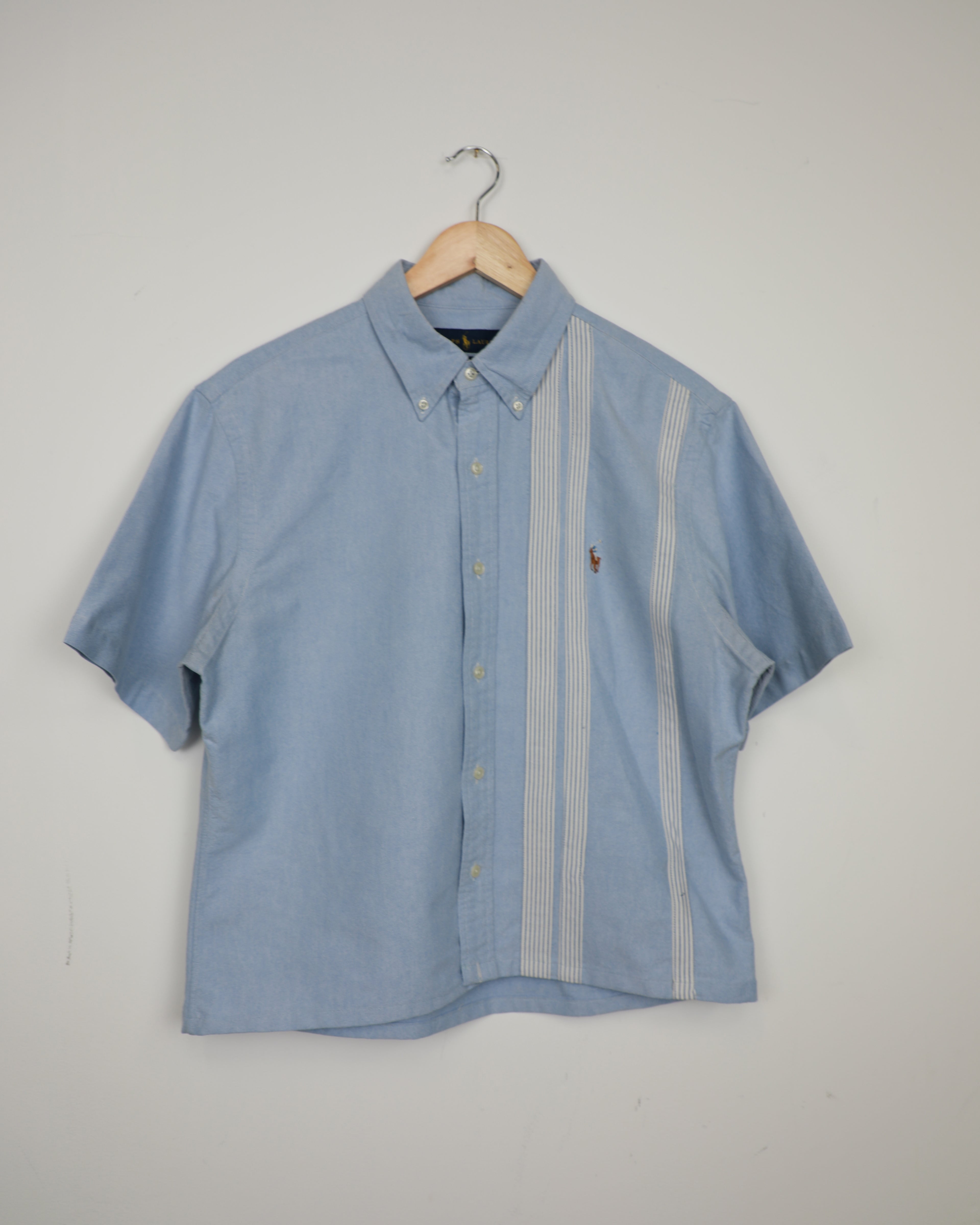 Cropped Ralph Lauren light blue striped short sleeve shirt