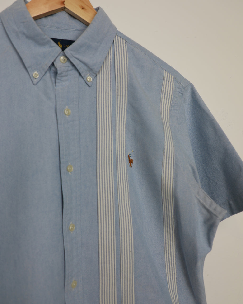 Cropped Ralph Lauren light blue striped short sleeve shirt