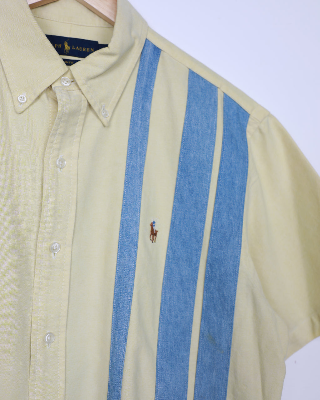 Cropped Ralph Lauren butter yellow an blue striped shirt