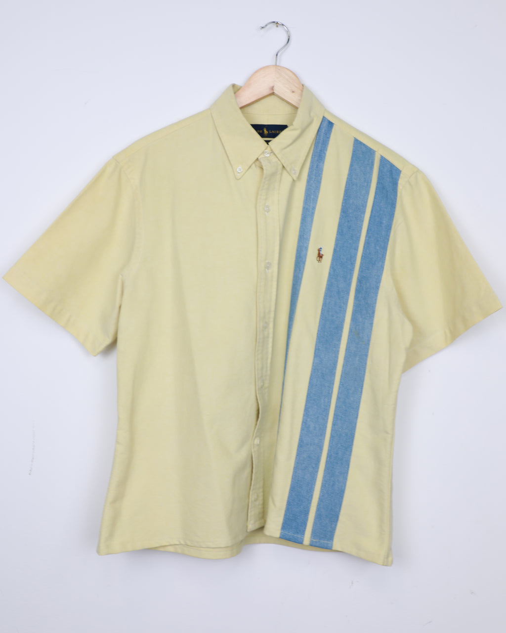Cropped Ralph Lauren butter yellow an blue striped shirt