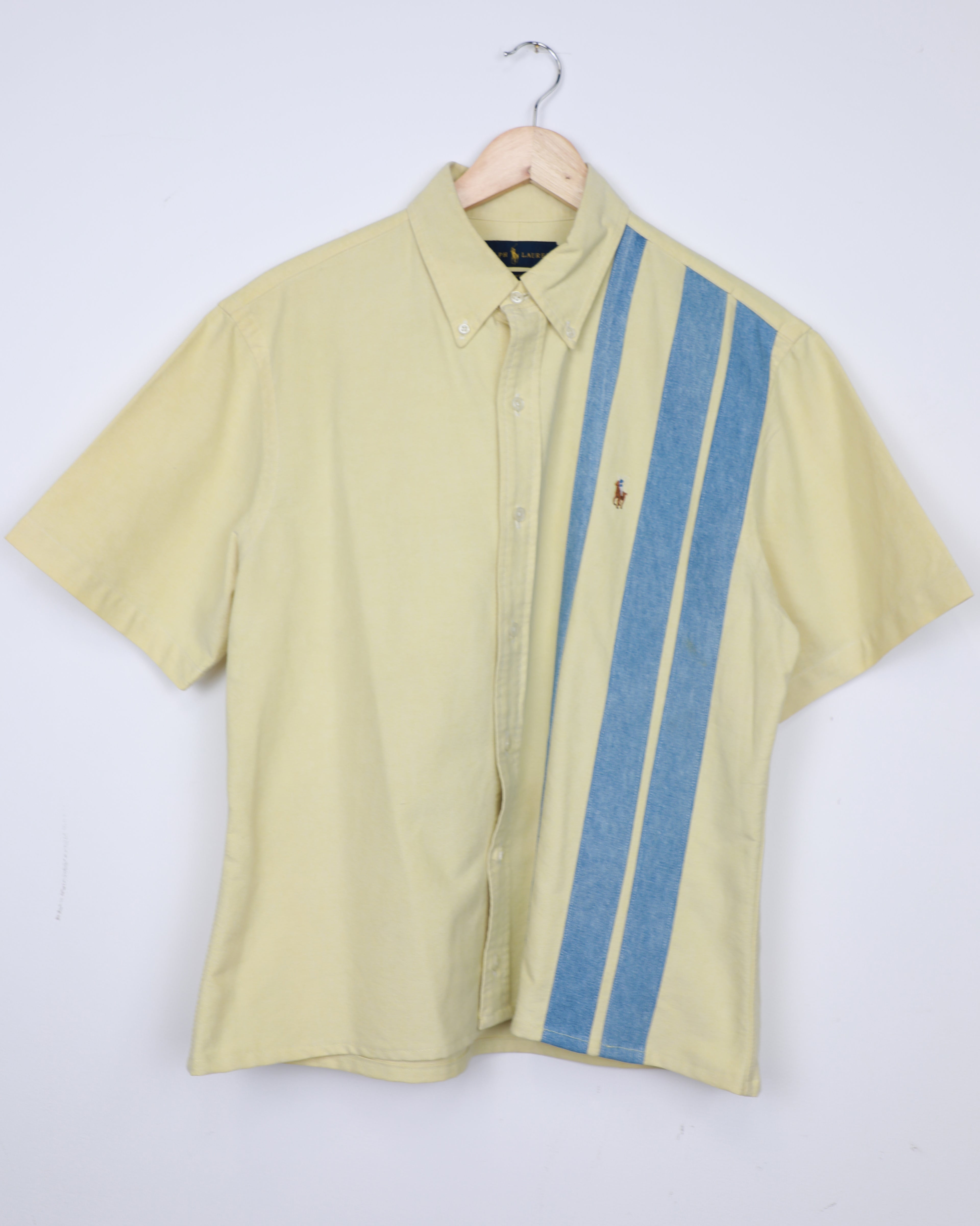 Cropped Ralph Lauren butter yellow an blue striped shirt
