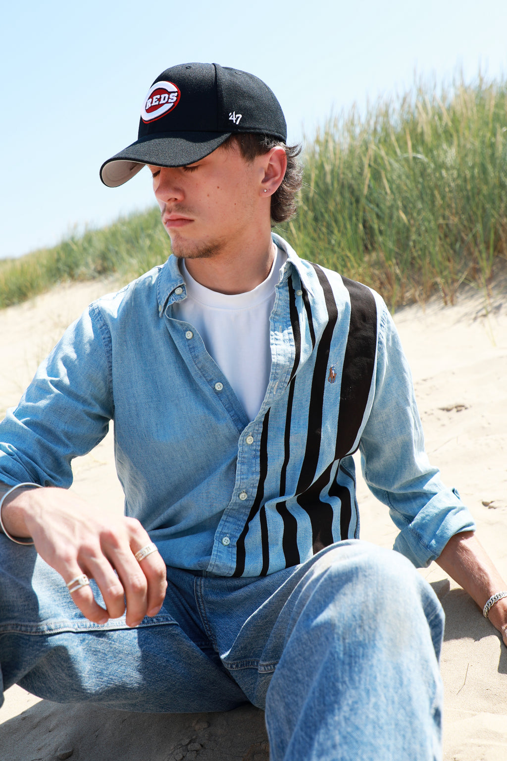 Ralph Lauren light blue and brown striped cropped denim shirt