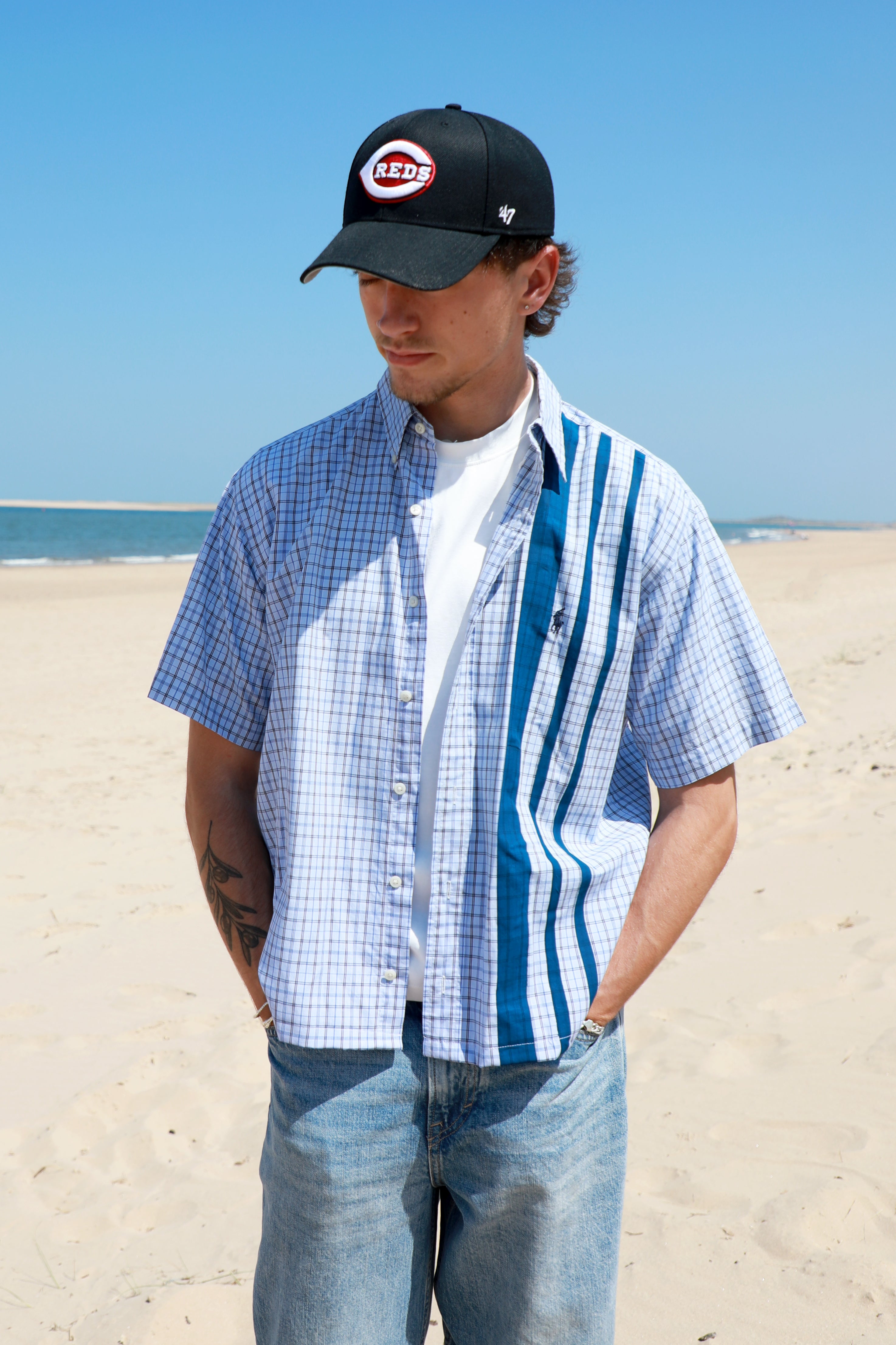 Ralph Lauren light blue striped cropped short sleeve shirt