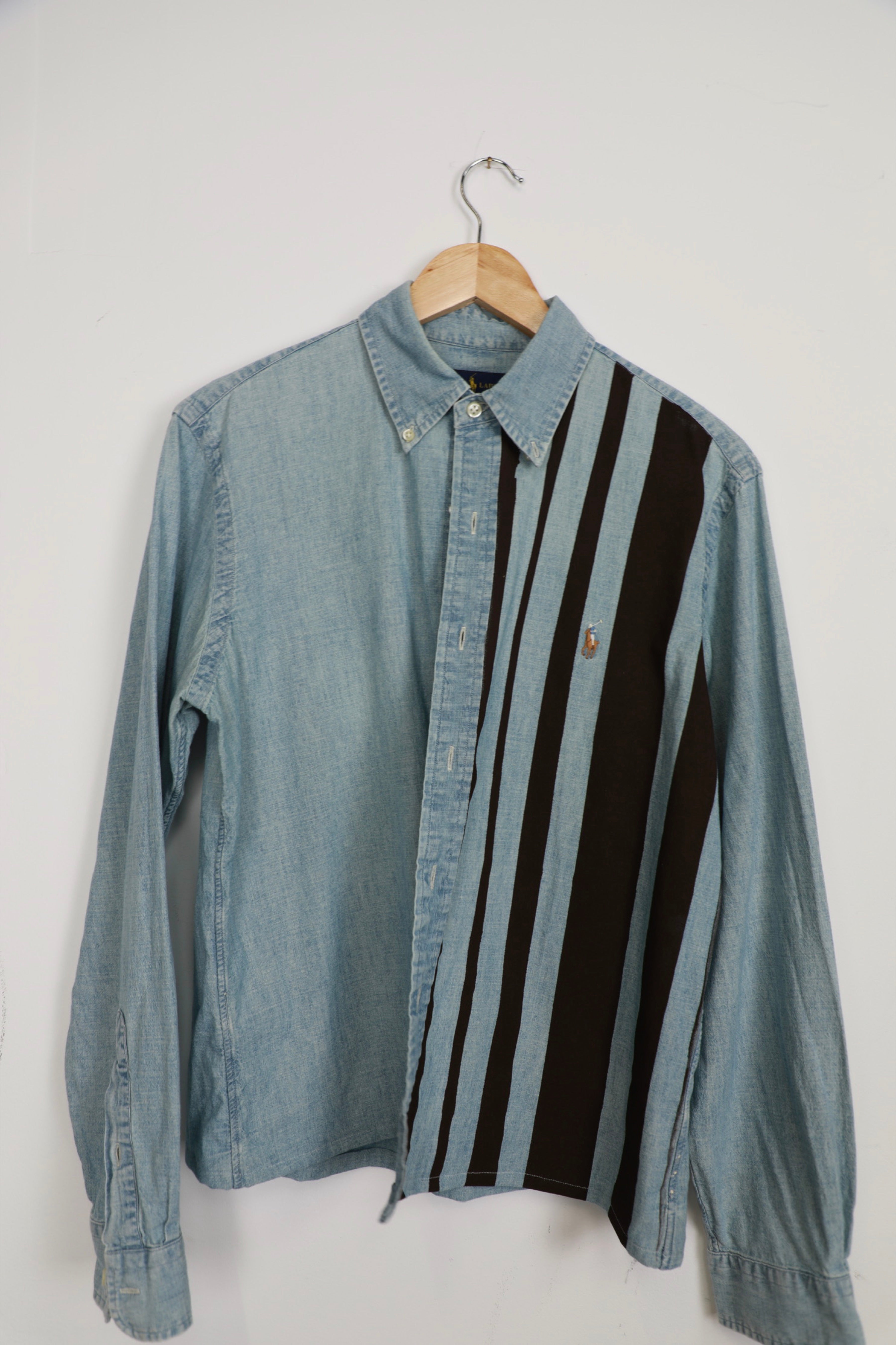 Ralph Lauren light blue and brown striped cropped denim shirt