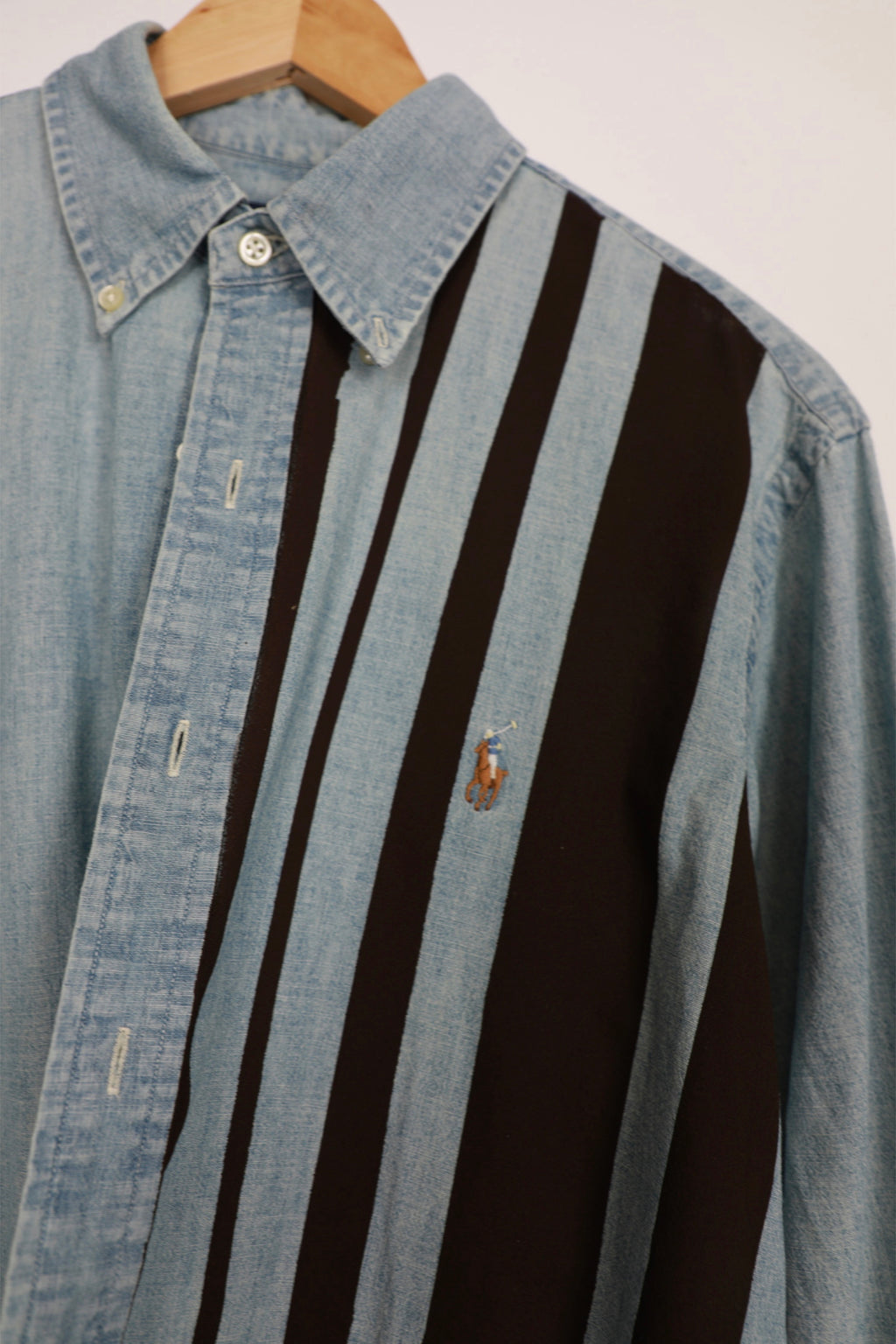 Ralph Lauren light blue and brown striped cropped denim shirt