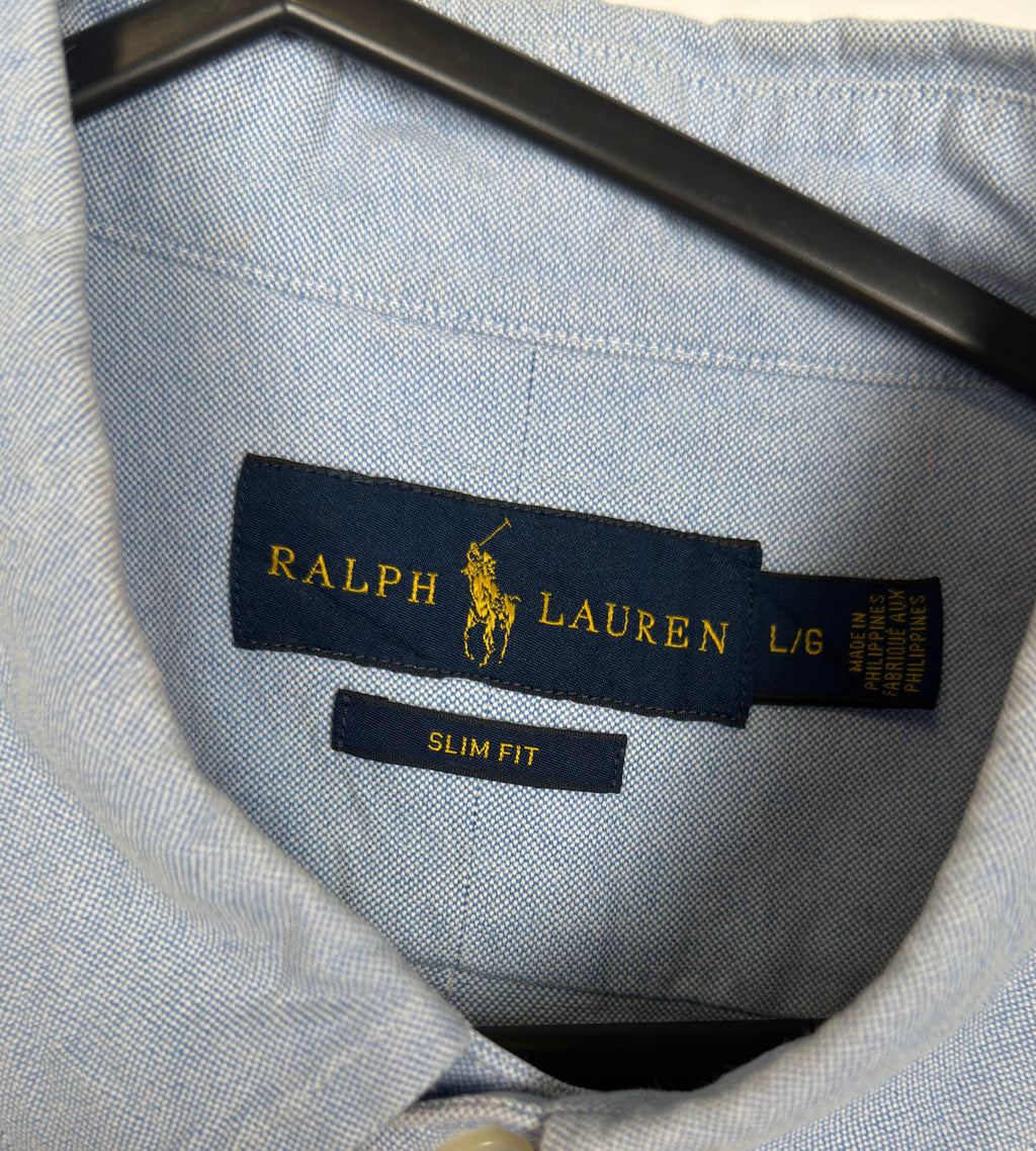 Cropped Ralph Lauren light blue striped short sleeve shirt